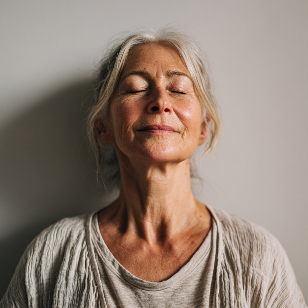 Peaceful elderly European woman practicing yoga in serene natural setting with soft morning light