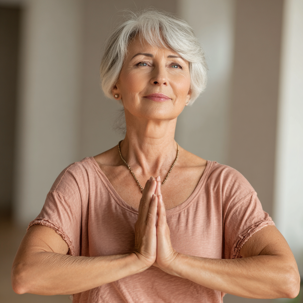 Relaxed elderly European man meditating peacefully in comfortable home setting with natural lighting